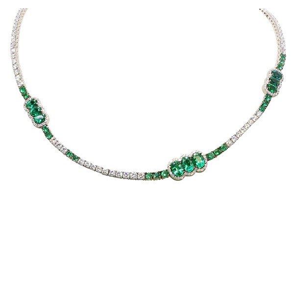 18K Emerald and Diamond Station Asymmetrical Necklace